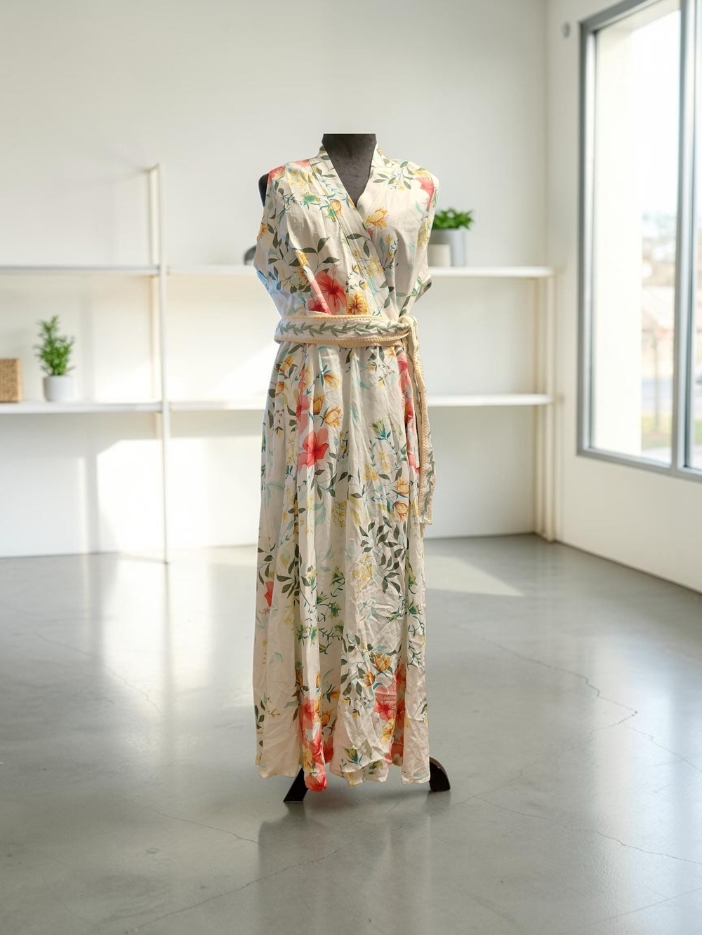 Spartina 449 Cream Floral Wrap Maxi Dress with Red and Green Accents